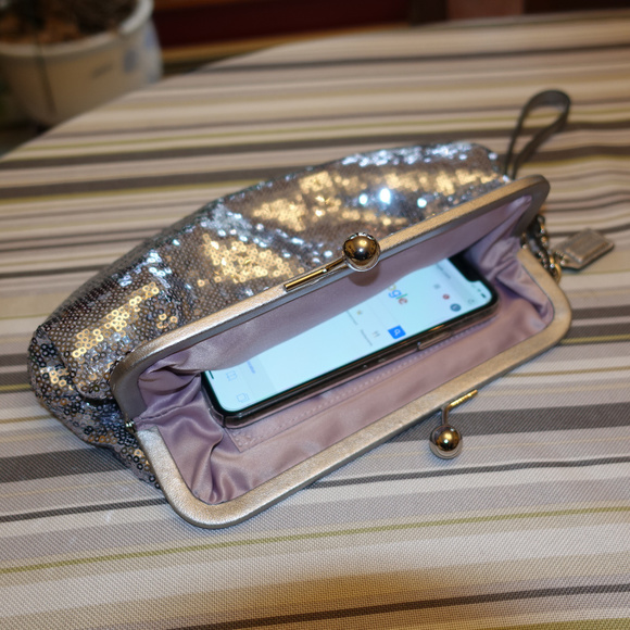 Coach Handbags - Coach Silver Sequin Evening Wristlet Clutch